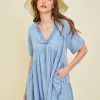 Washed Denim Chambray Mini Dress Flowy A Line