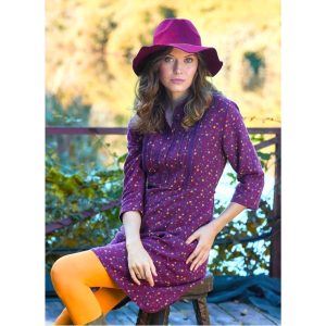 Purple Flannel Cotton Dress With Lace Button Details